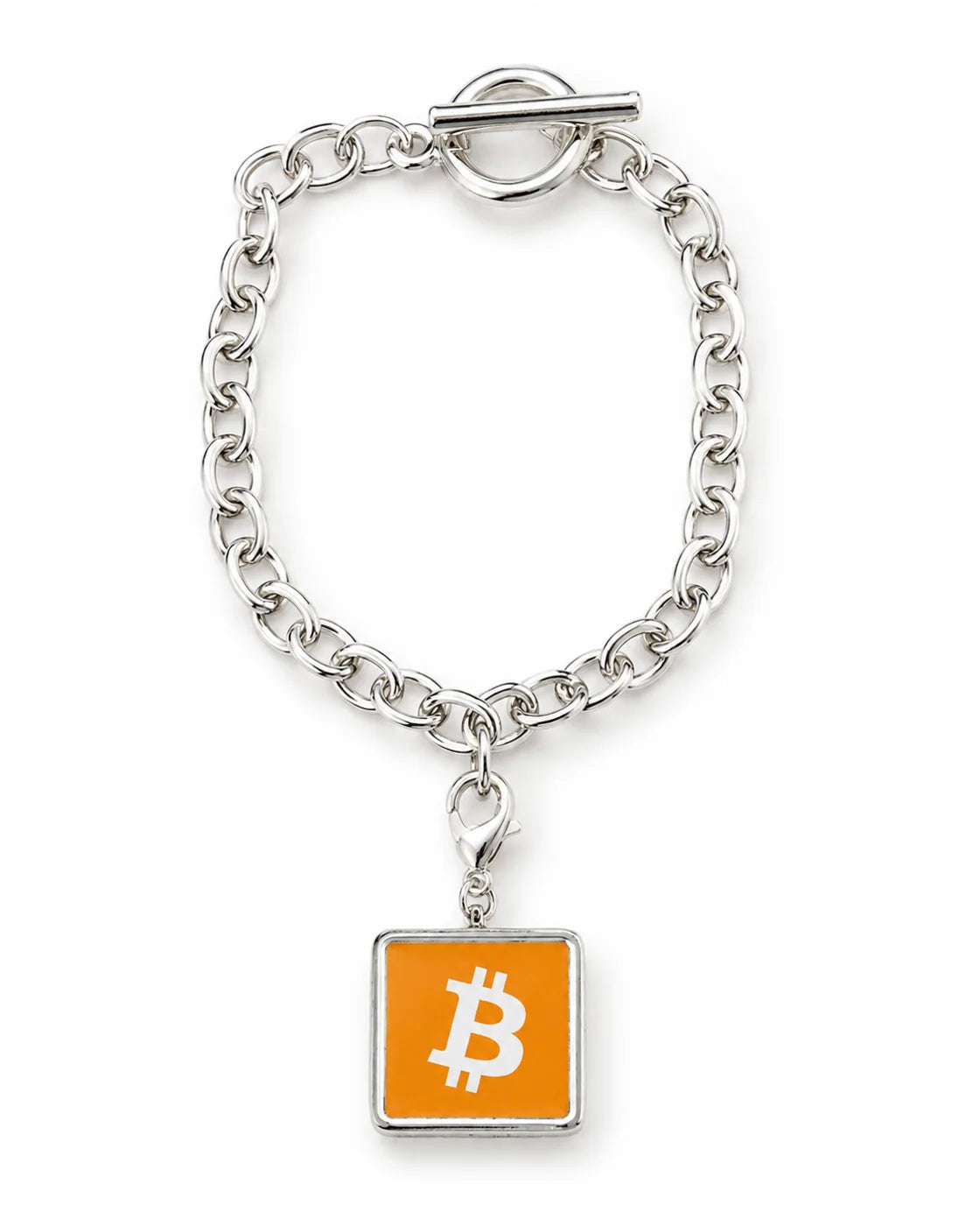 Silver stainless steel bracelet with an orange Bitcoin charm